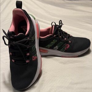Adidas Women's Black Sneakers with Pink and Green Accents